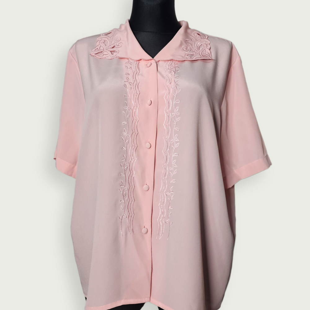 Pastel pink embroidered blouse with scalloped collar