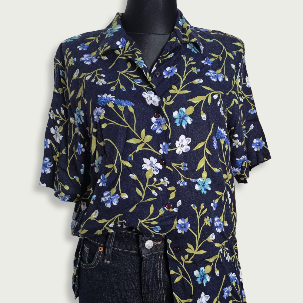 Aqua floral print short-sleeve blouse