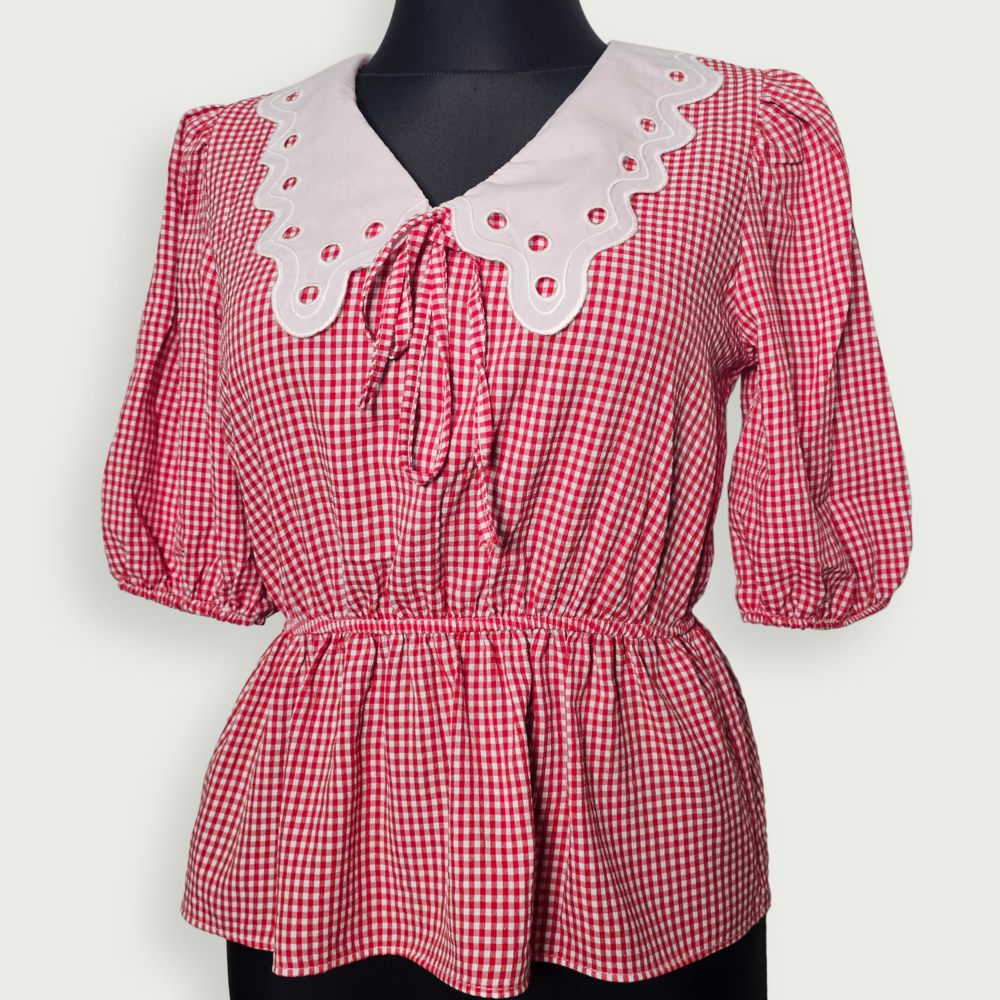 Karon red gingham peplum blouse with embroidered Peter Pan collar