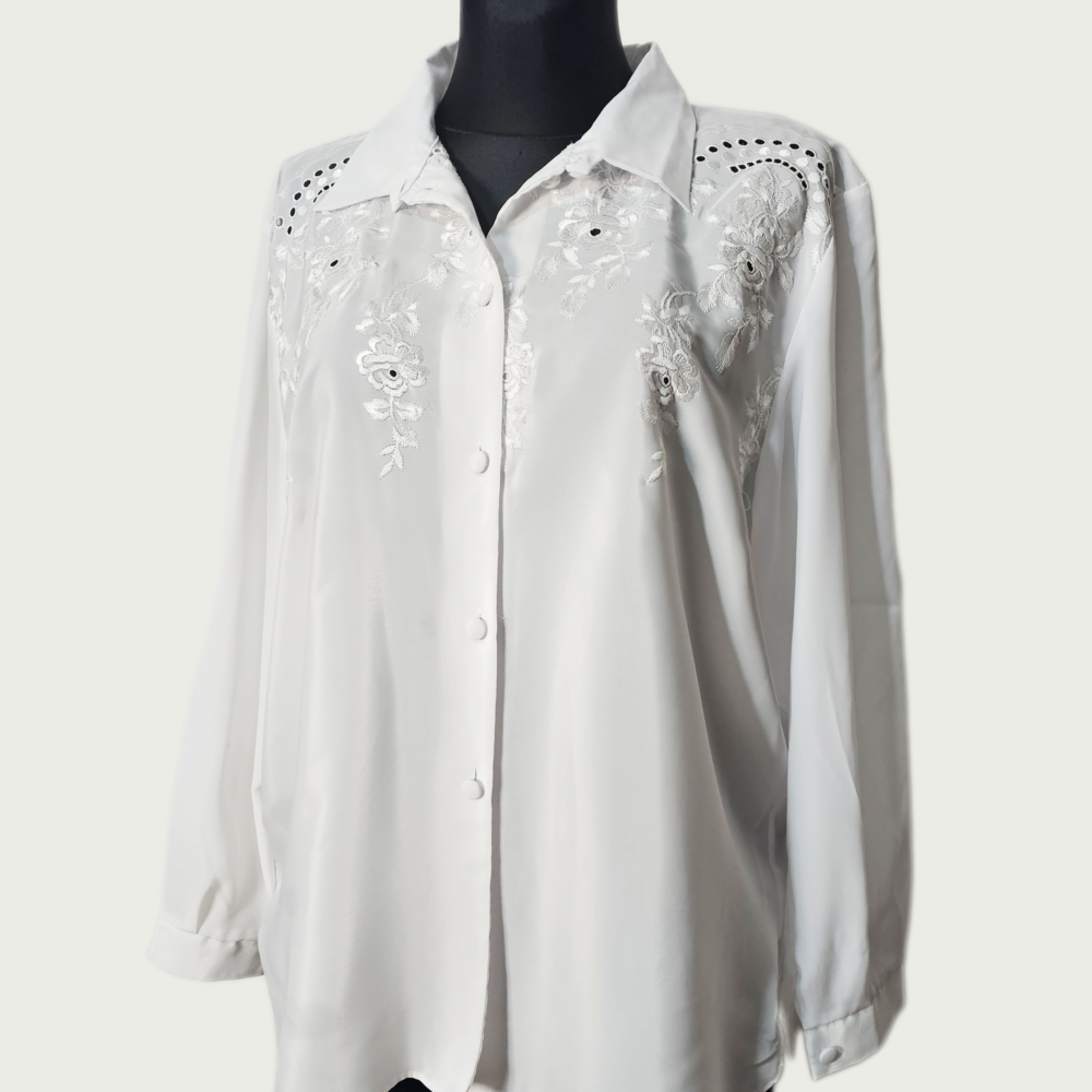 White embroidered button-up blouse