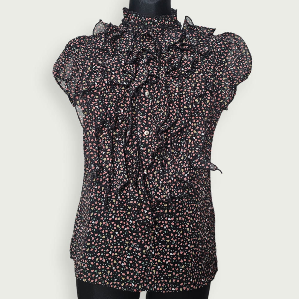 Saint Tropez Black Floral Ruffled Neck Short Sleeve Blouse