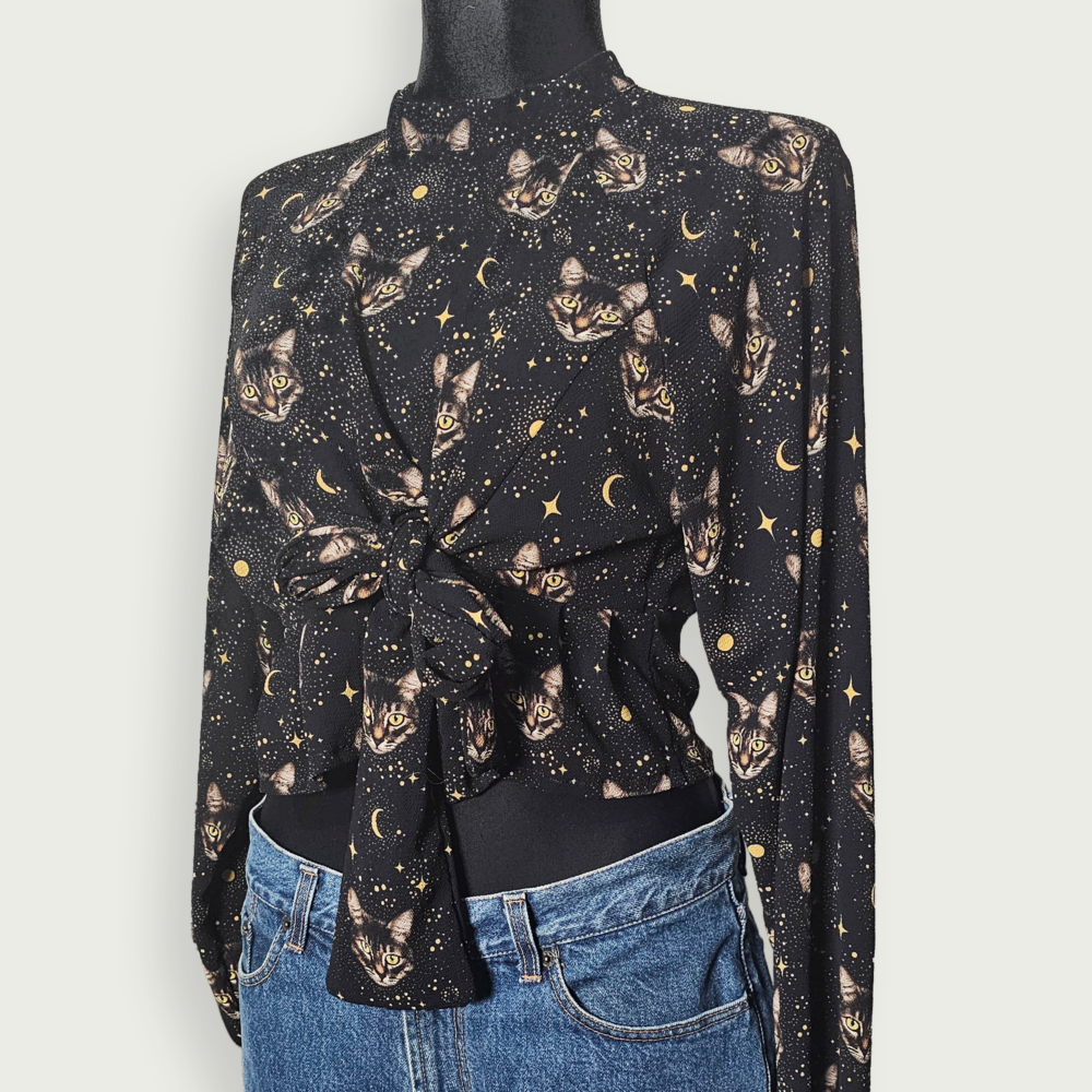 Black blouse with celestial cat print