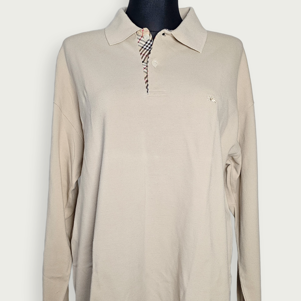 Burberry London Cream Long Sleeve Polo Shirt - Size XXL