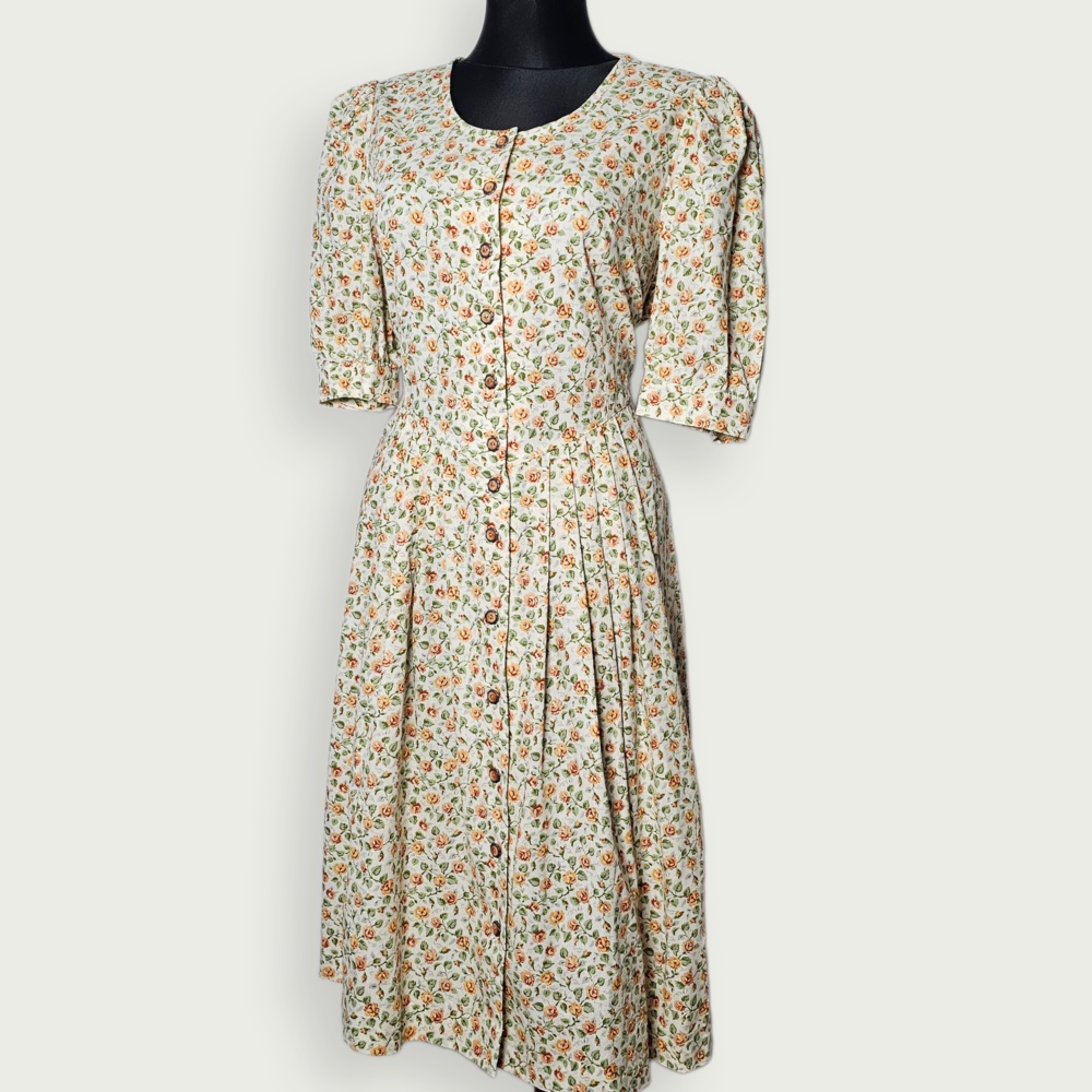 Vintage-Inspired Floral Midi Dress - 100% Cotton Feel, Size M