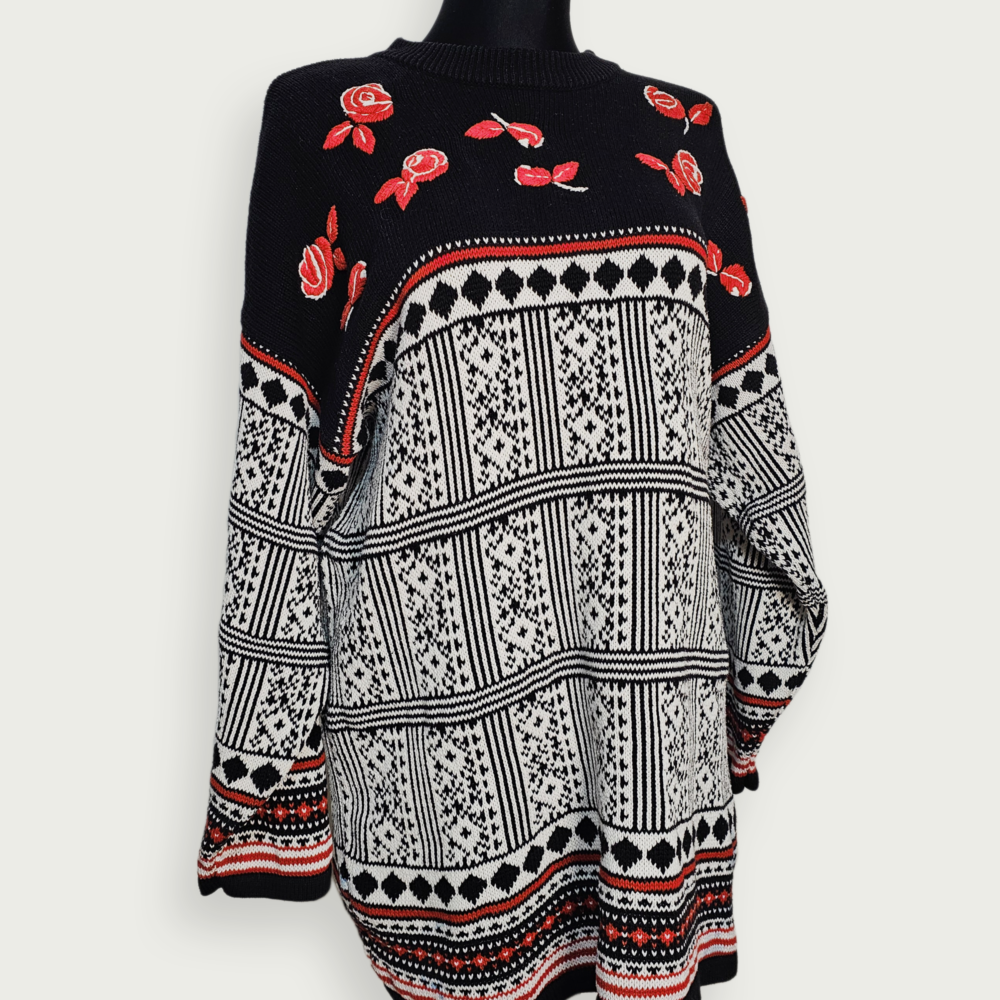 Mexx Black, White & Red Embroidered Cotton Sweater